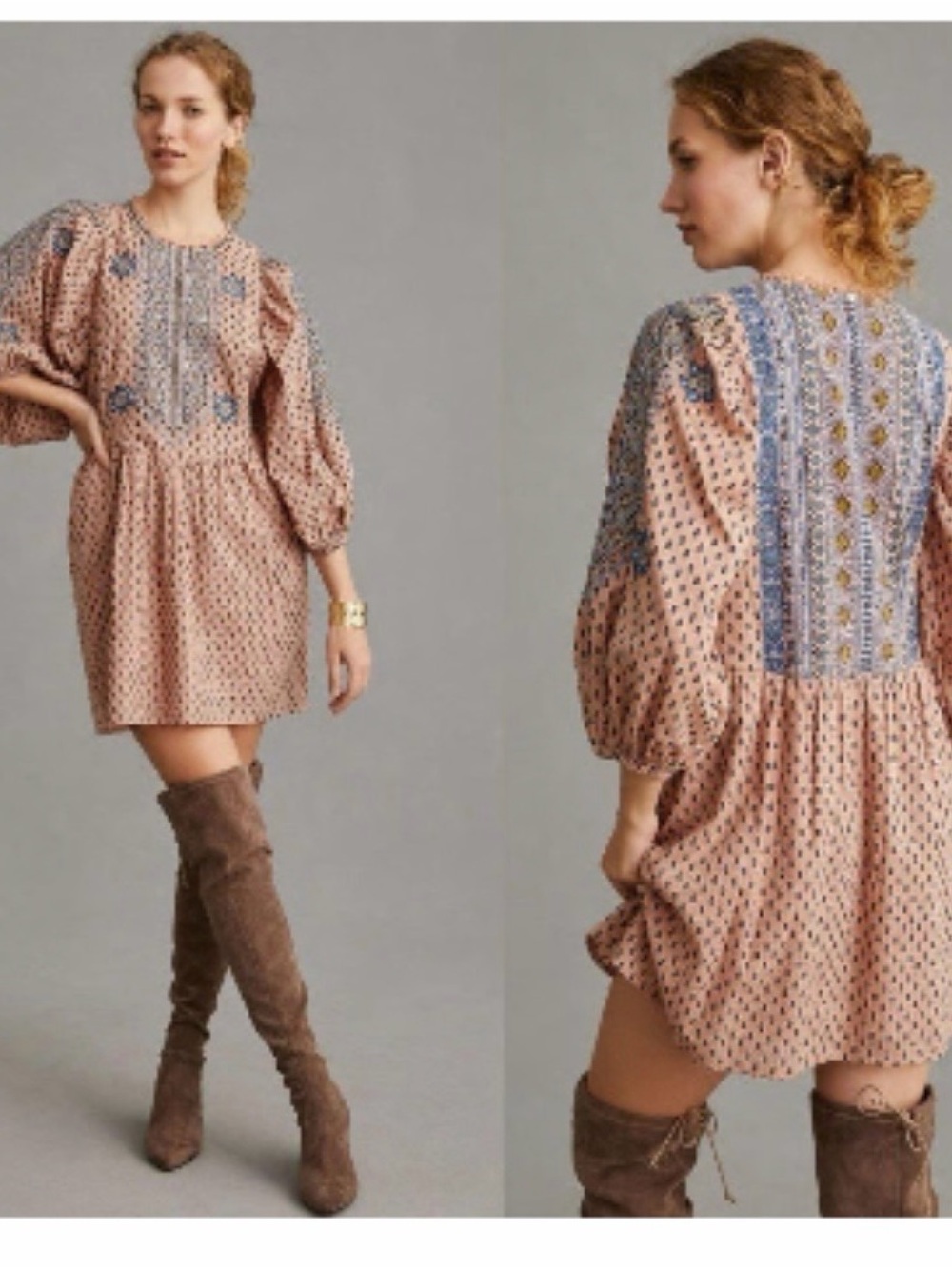 NWT Anthropologie Embroidered Puff Sleeve Boho Mini Dress XXS